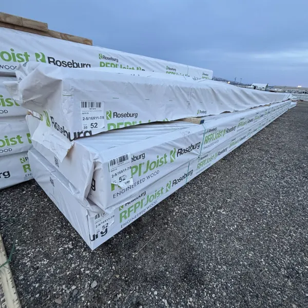 Three stacked units of RFPI-70 11-7/8 inch engineered wood I-joists stored at Boise lumberyard