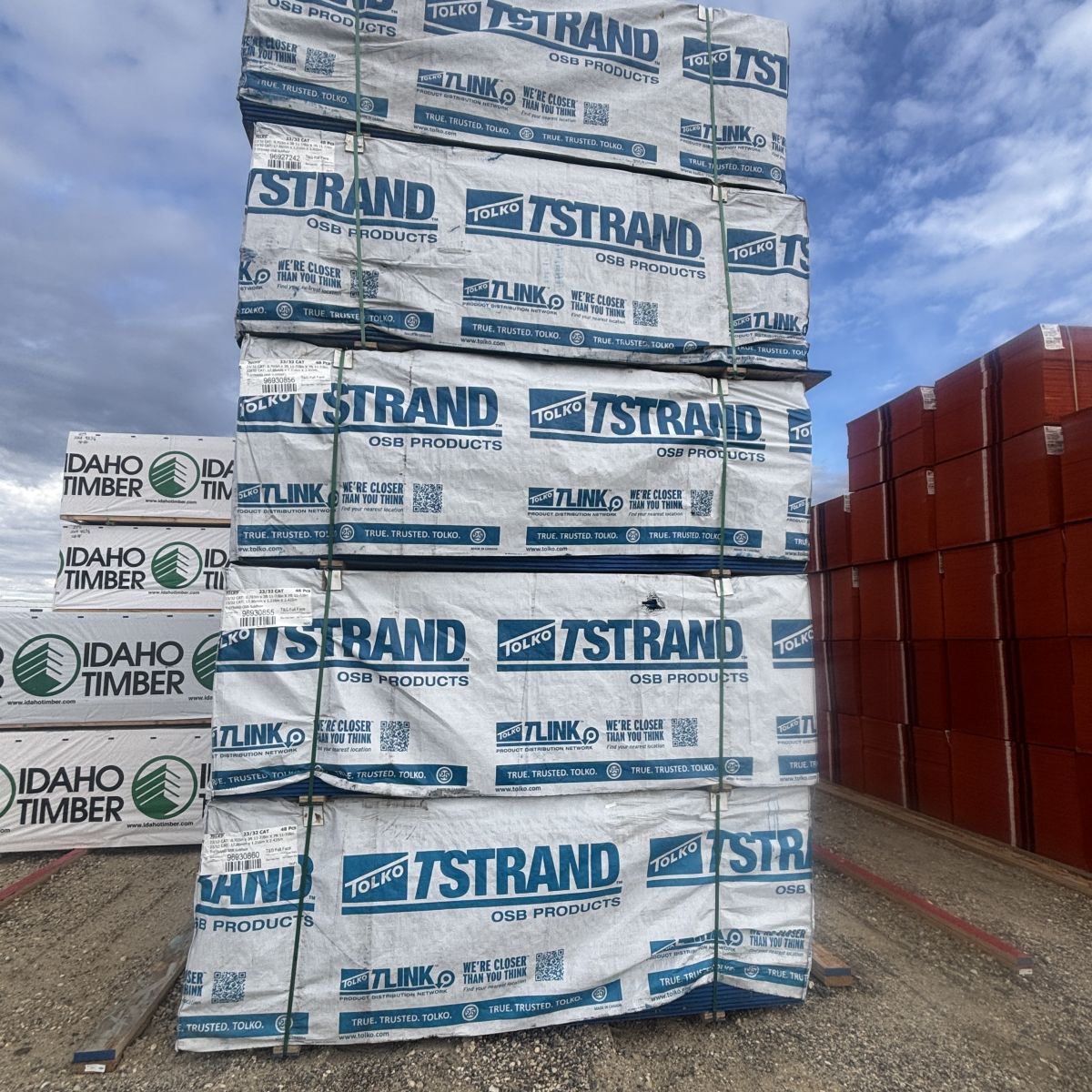 Tolko 23/32 inch tongue-and-groove 4x8 OSB subfloor sheathing units stocked at Boise lumberyard