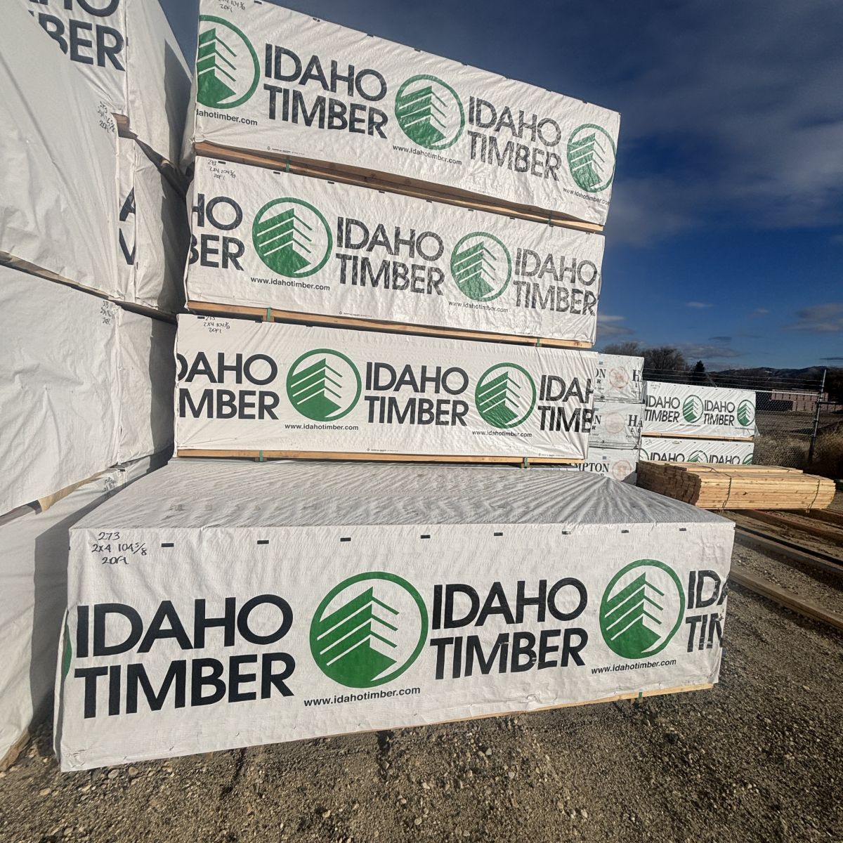 2×4×104-5/8″ #2 kiln-dried Douglas Fir lumber stacked in bunks at our Boise lumberyard