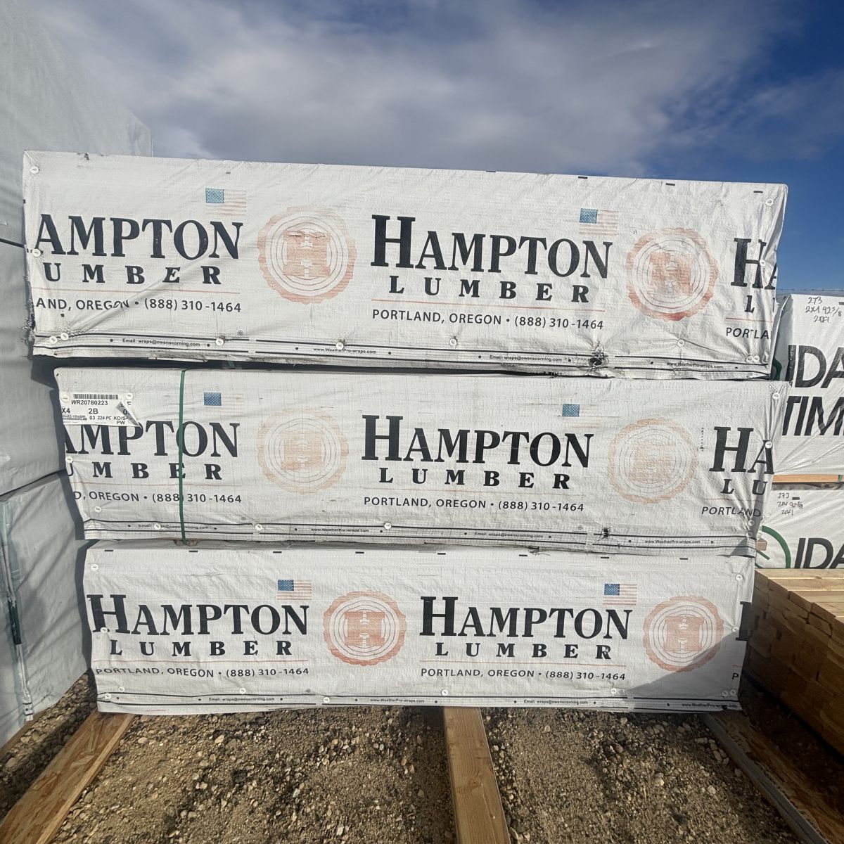 Polywrapped unit of 2×4×8′ #2 kiln-dried Douglas Fir lumber staged at our Boise lumberyard