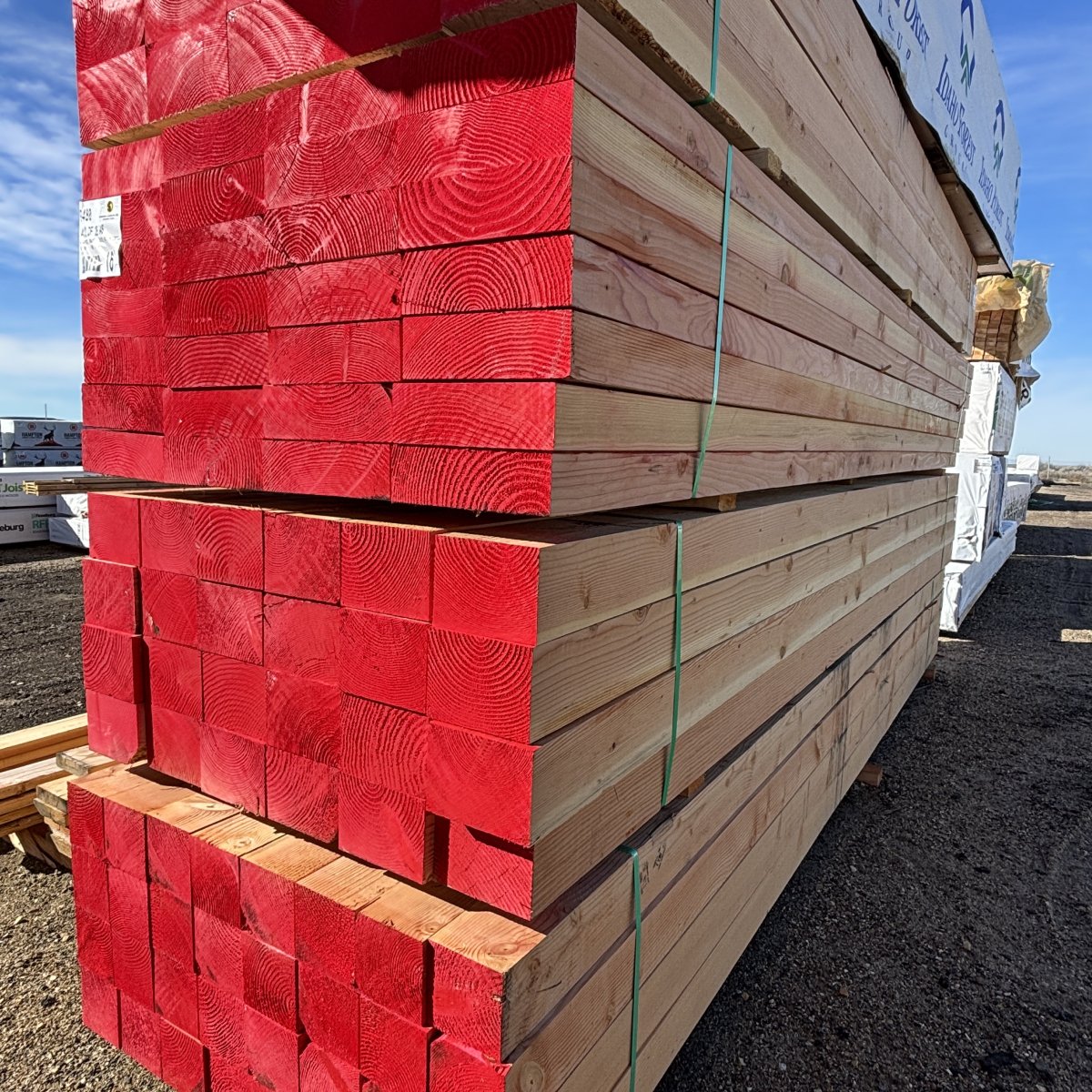 4x and 6x Douglas fir timbers and posts stacked at Dynamic Lumber Solutions lumberyard in Boise, Idaho